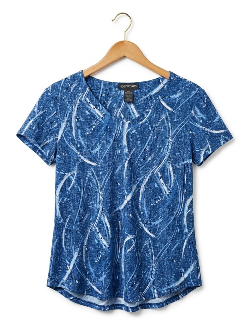 SOFT WORKS Blue Abstract Swirl Print V-Neck Short Sleeve Blouse M